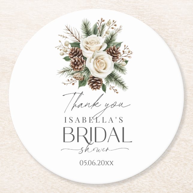 Winter Bridal Shower Round Paper Coaster (Front)