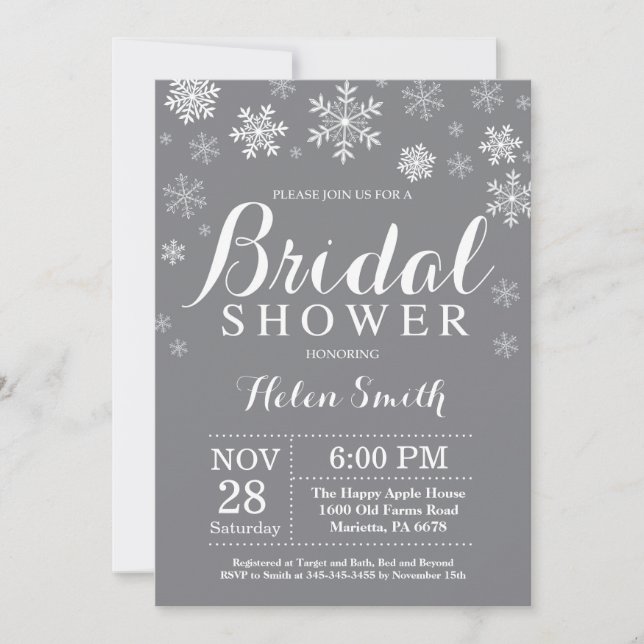 Winter Bridal Shower Snowflake Invitation Grey (Front)