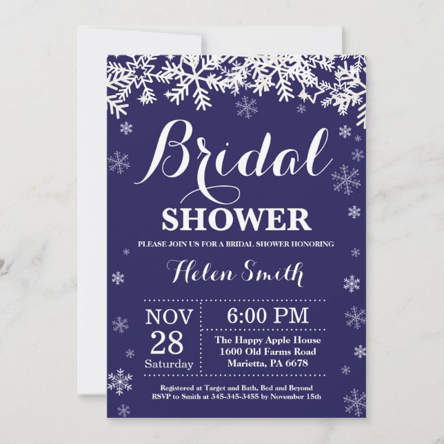 Winter Bridal Shower Snowflake Navy Blue Invitation (Front)