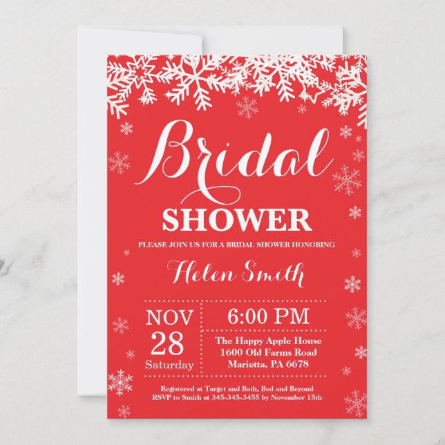 Winter Bridal Shower Snowflake Red Invitation (Front)