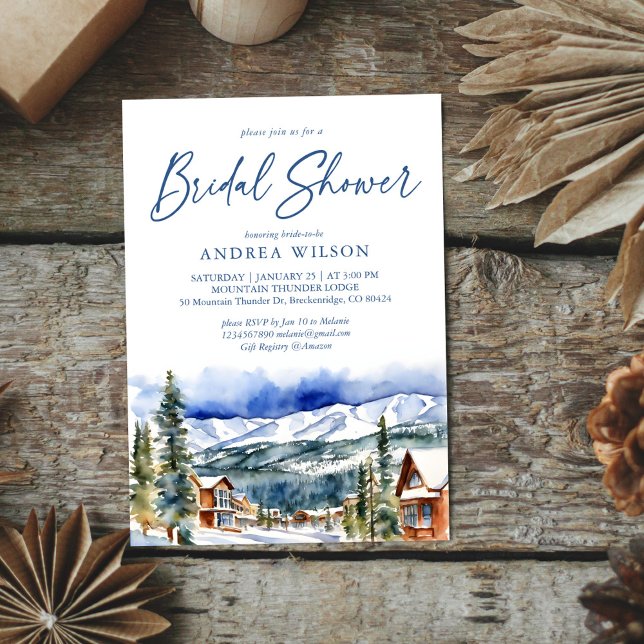 Winter bridal shower snowy mountain village invitation (Winter bridal shower watercolor snowy mountain village scenery template invitation digital download)