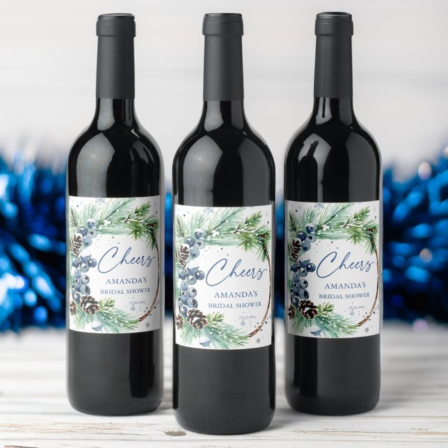 Winter bridal shower watercolor pines wreath favou wine label (Winter bridal shower watercolor pines wreath favor personalized  wine label blue winter berries)