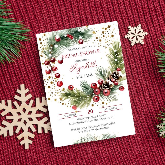 Winter bridal shower watercolor wreath red berries invitation (Winter bridal shower editable template invitation digital download watercolor pine red berry wreath)