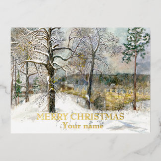 Winter bridge Watercolor Foil Holiday Post Card