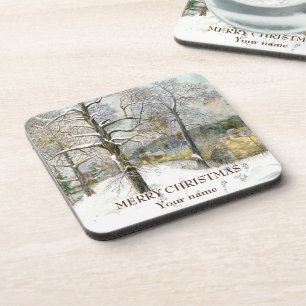 Winter bridge Watercolor painting Coaster