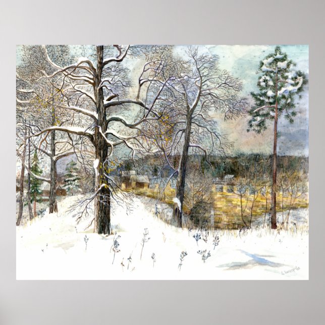 winter bridge Watercolor painting Poster (Front)