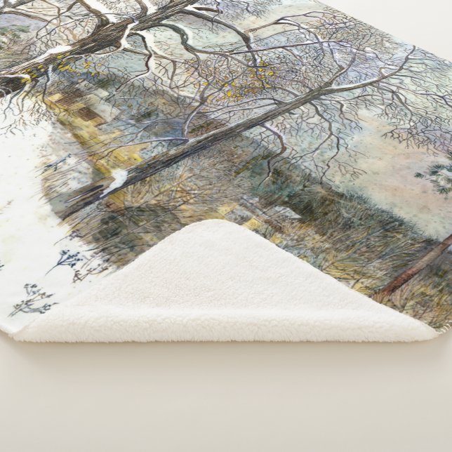 winter bridge Watercolor painting Sherpa Blanket (3/4)