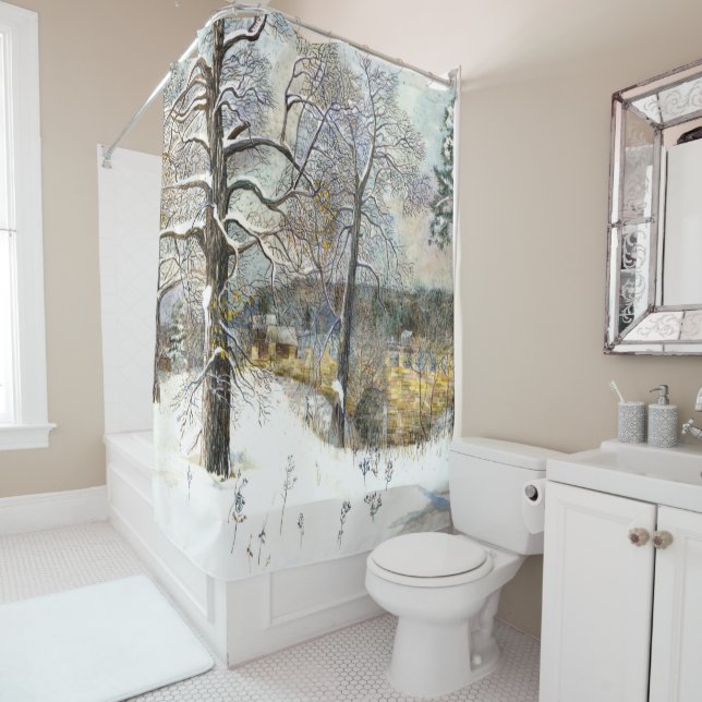 winter bridge Watercolor painting Shower Curtain (In Situ)