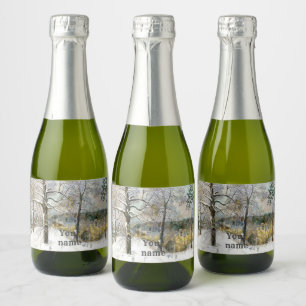 winter bridge Watercolor painting Sparkling Wine Label