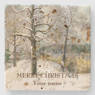 Winter bridge Watercolor painting  Stone Coaster