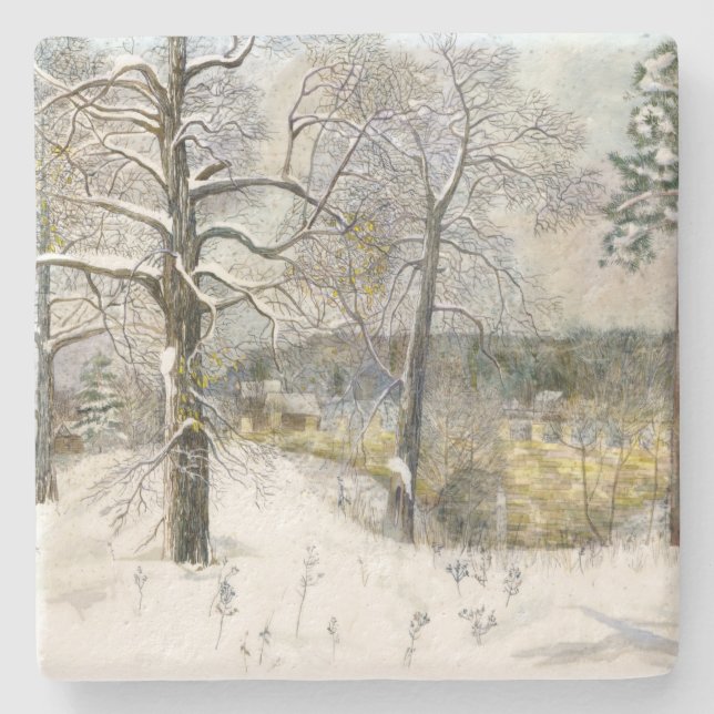 winter bridge Watercolor painting Stone Coaster (Front)