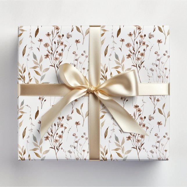 Winter Brown Pretty Flowers and Leaves Pattern Wrapping Paper (In situ)