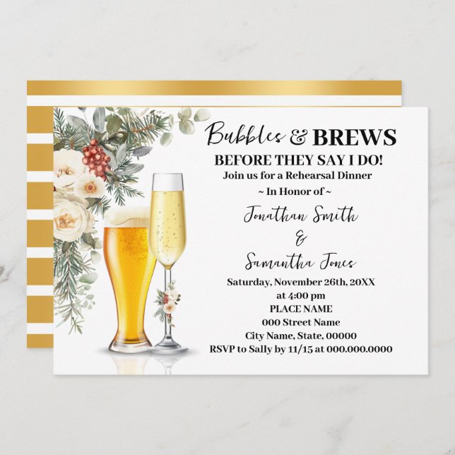 Winter Bubbles & Brews Rehearsal Dinner Invitation (Front/Back)