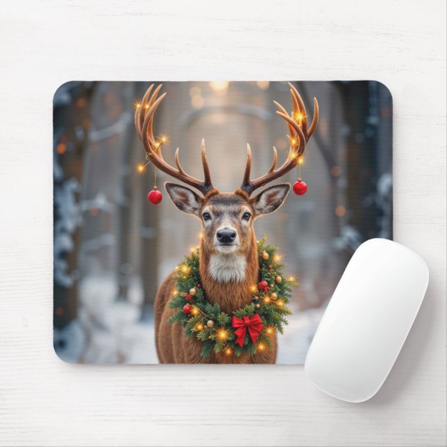 Winter Buck Wearing a Glowing Holiday Wreath Mouse Mat (With Mouse)