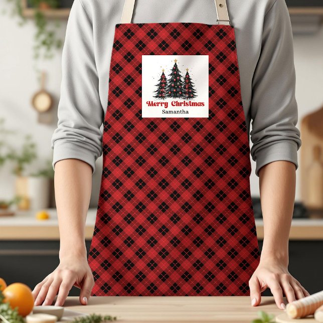 Winter Buffalo Plaid Tree Custom Name Christmas  Apron (Winter Buffalo Plaid Tree Custom Name Christmas Apron)