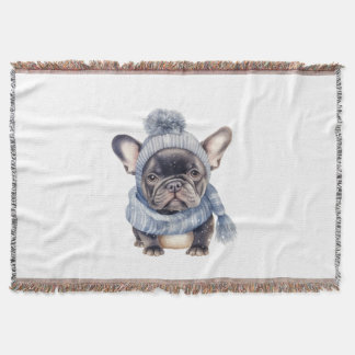 Winter Bulldog Baby in Blue Cap and Scarf Throw Blanket