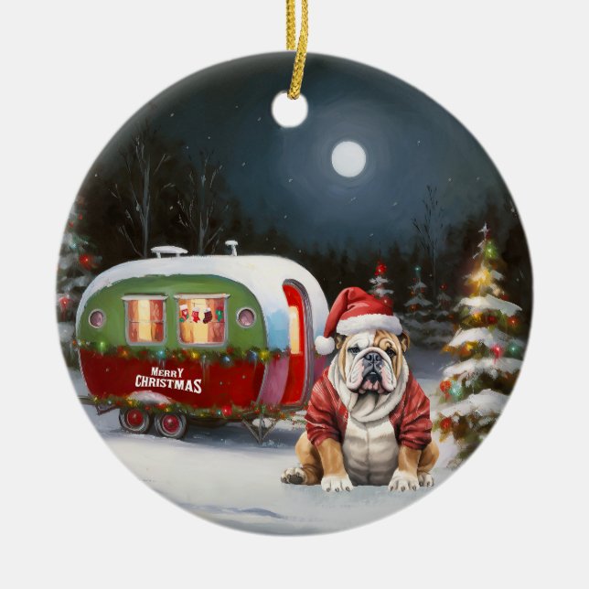 Winter Bulldog Caravan Christmas Adventure  Ceramic Tree Decoration (Front)