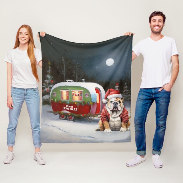 Winter Bulldog Caravan Christmas Adventure  Fleece Blanket (In Situ)