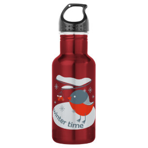 Winter bullfinch bird and red rowan berries 532 ml water bottle