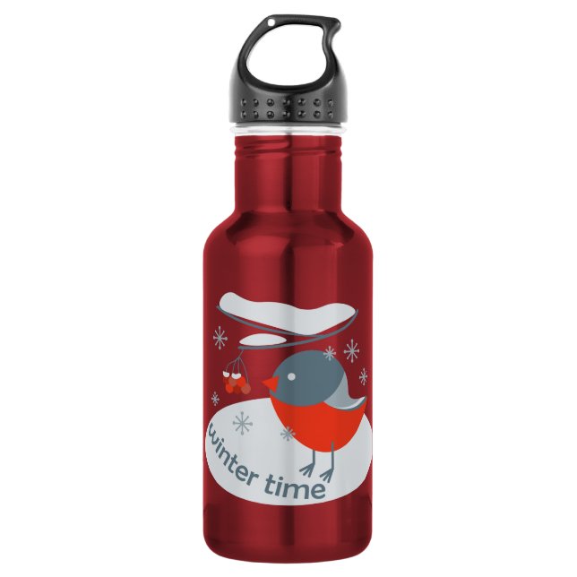 Winter bullfinch bird and red rowan berries 532 ml water bottle (Front)