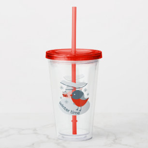 Winter bullfinch bird and red rowan berries acrylic tumbler