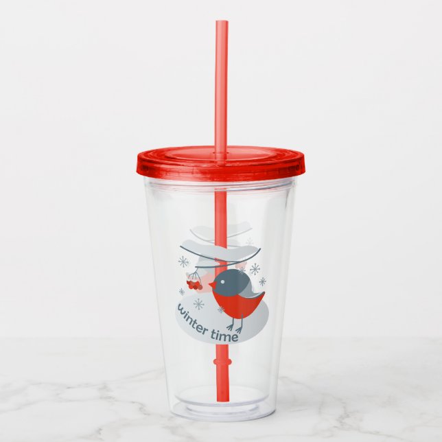 Winter bullfinch bird and red rowan berries acrylic tumbler (Front)