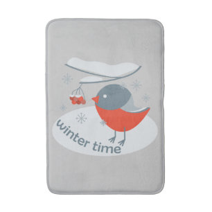 Winter bullfinch bird and red rowan berries bath mat