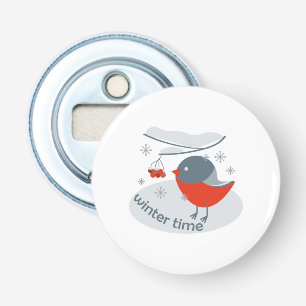 Winter bullfinch bird and red rowan berries bottle opener
