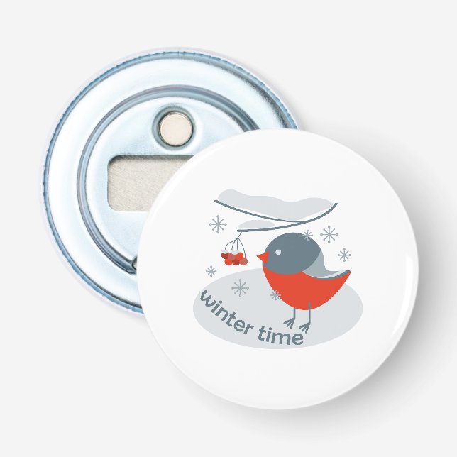 Winter bullfinch bird and red rowan berries bottle opener (Front)