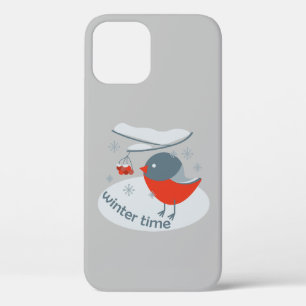 Winter bullfinch bird and red rowan berries iPhone 12 case
