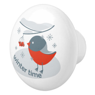 Winter bullfinch bird and red rowan berries ceramic knob