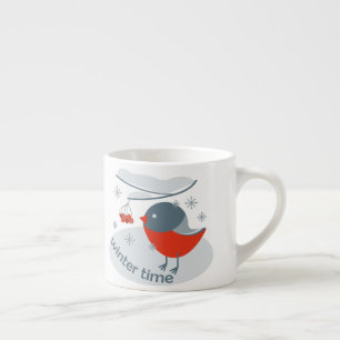 Winter bullfinch bird and red rowan berries espresso cup
