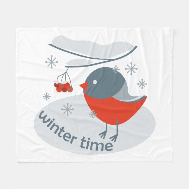 Winter bullfinch bird and red rowan berries fleece blanket (Front (Horizontal))
