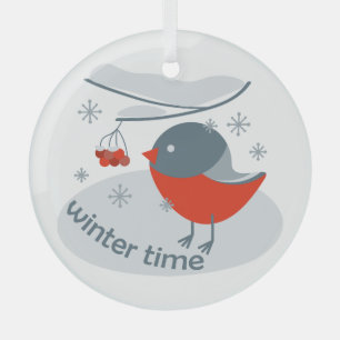 Winter bullfinch bird and red rowan berries glass tree decoration