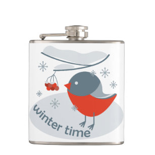 Winter bullfinch bird and red rowan berries hip flask