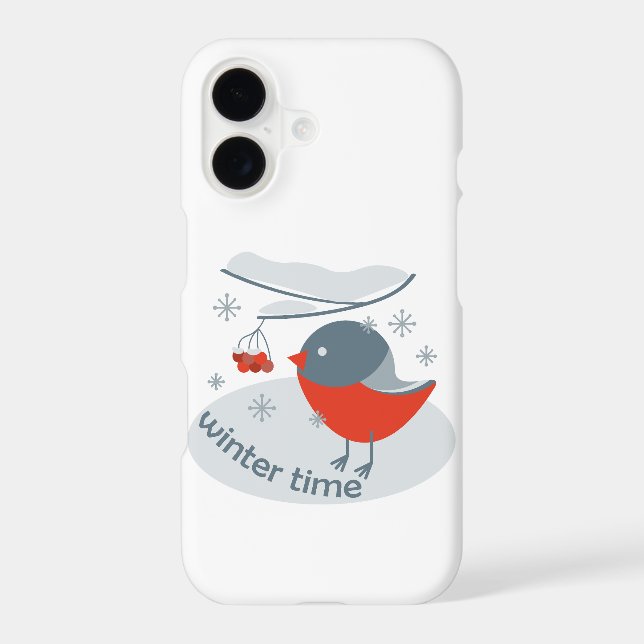 Winter bullfinch bird and red rowan berries iPhone case (Back)