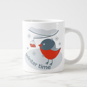 Winter bullfinch bird and red rowan berries  large coffee mug