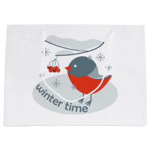 Winter bullfinch bird and red rowan berries  large gift bag