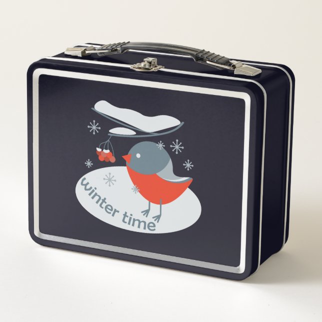 Winter bullfinch bird and red rowan berries metal lunch box (Front)