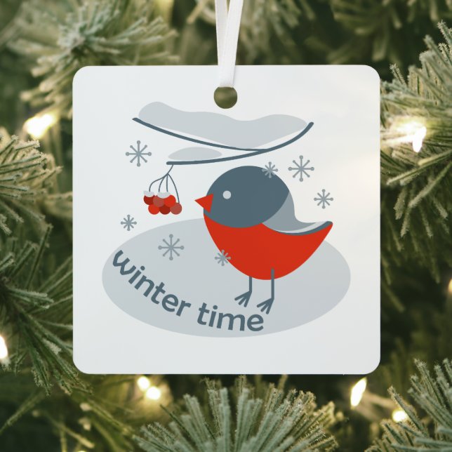 Winter bullfinch bird and red rowan berries  metal tree decoration (Insitu)