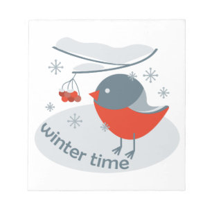 Winter bullfinch bird and red rowan berries notepad