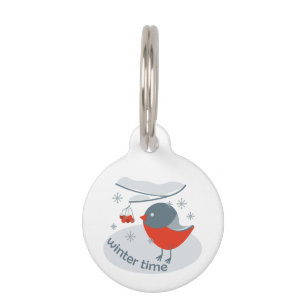 Winter bullfinch bird and red rowan berries pet tag