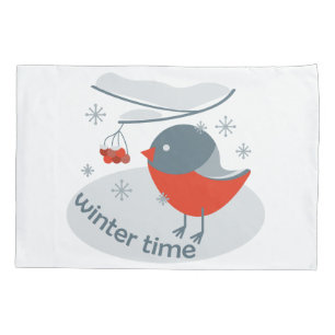 Winter bullfinch bird and red rowan berries pillowcase