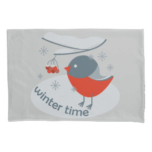 Winter bullfinch bird and red rowan berries pillowcase
