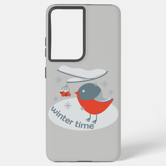 Winter bullfinch bird and red rowan berries samsung galaxy s21+ case (Back)