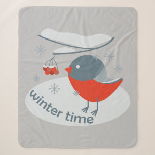 Winter bullfinch bird and red rowan berries sherpa blanket
