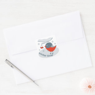 Winter bullfinch bird and red rowan berries square sticker