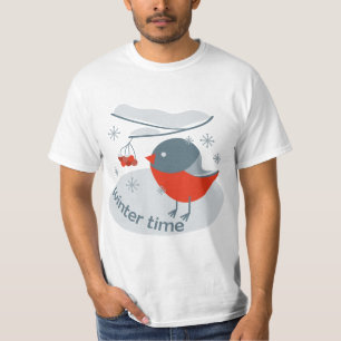 Winter bullfinch bird and red rowan berries T-Shi T-Shirt