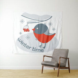 Winter bullfinch bird and red rowan berries  tapestry