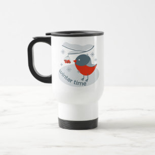 Winter bullfinch bird and red rowan berries travel mug